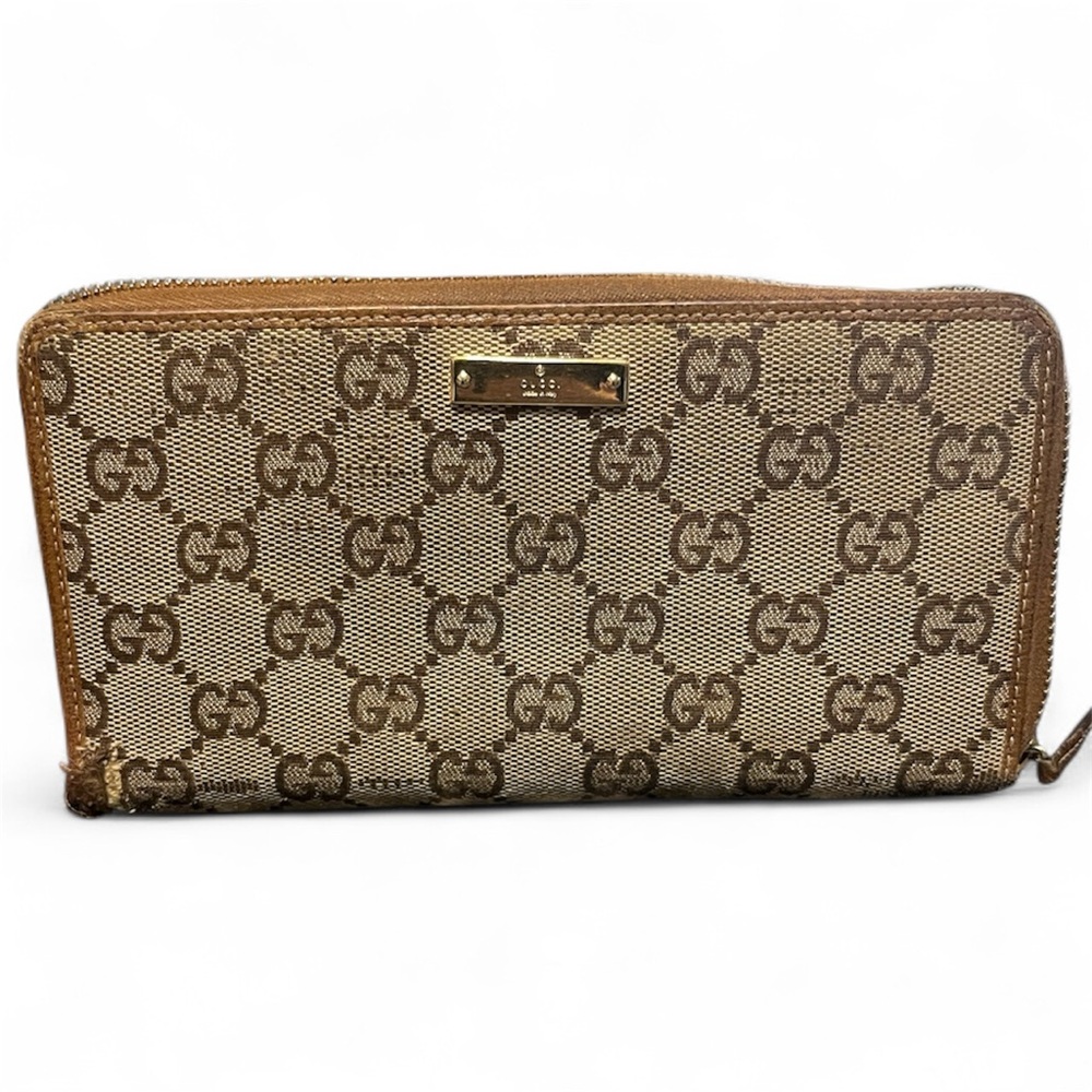 Authentic Gucci PROJECT Beige and Brown Monogram GG Zip Around Wallet